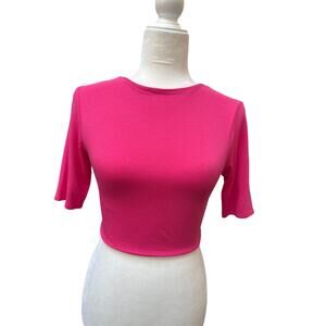 NWT Naked Wardrobe Short Sleeve Crew Neck Cropped Top Women's Large Hot Pink